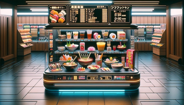 Exposición de alimentos retrofuturista de las tiendas de conveniencia japonesas