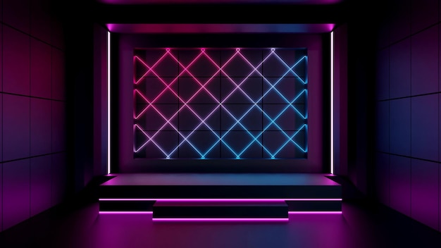 Exposición de la base del podio del podio cuadrado del producto vacío y luces de neón en el patrón de malla en la representación 3D de fondo oscuro