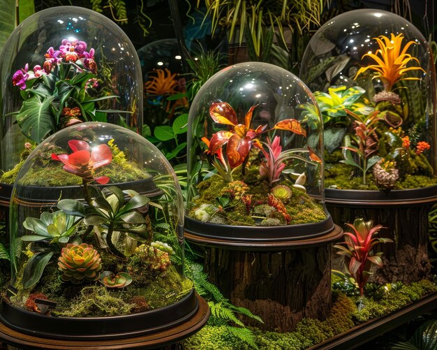 Exposición botánica alienígena retro que muestra plantas exóticas con propiedades inusuales cúpulas de vidrio