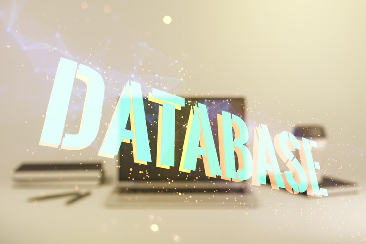 Foto exposición doble del signo de la palabra de la base de datos en el concepto de investigación y análisis global de fondo de la computadora portátil