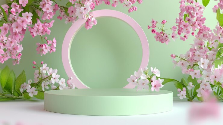Exposición elegante con flores rosadas y telón de fondo circular pastel para la presentación de productos