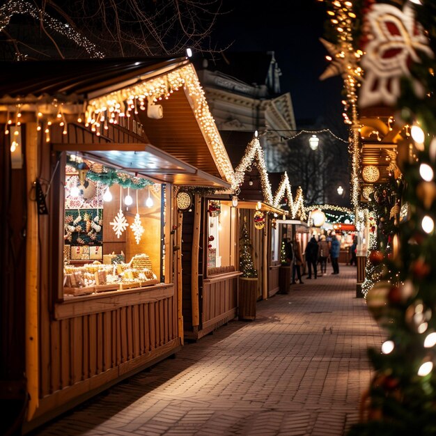 Exposición festiva iluminada en el mercado navideño