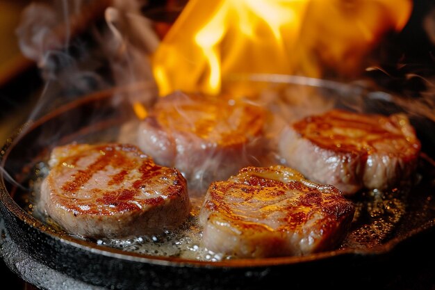 Exposición de filetes picantes filetes de cerdo o carne de res a la parrilla foto