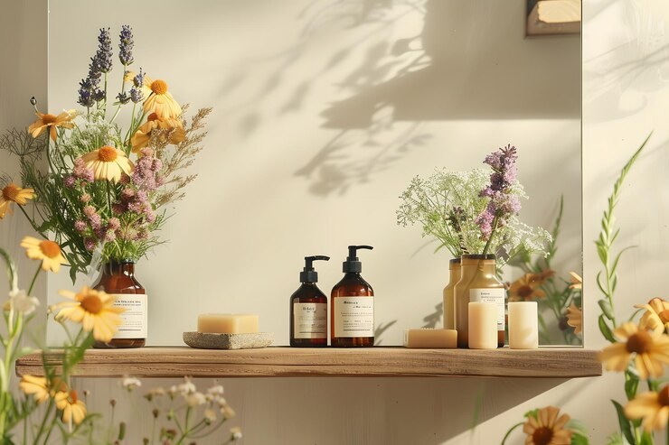 Exposición de flores y botellas de jabón en el baño o en el estante del espejo del inodoro para cosméticos