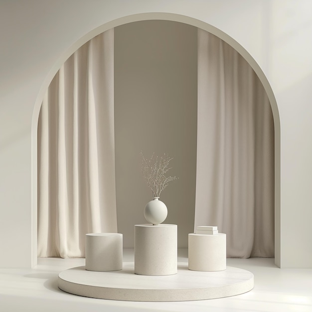 Exposición interior minimalista con nicho arqueado y elegantes cortinas en luz suave