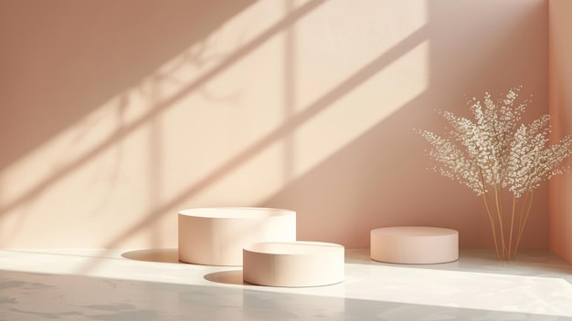 Exposición minimalista moderna con sombras y flores secas