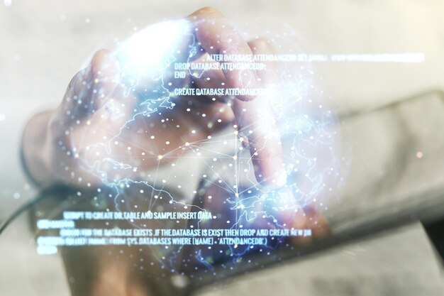 Exposición múltiple de un boceto abstracto de codificación creativa con un mapa mundial y presiones con los dedos en una tableta digital en el fondo de la inteligencia artificial y el concepto de redes neuronales