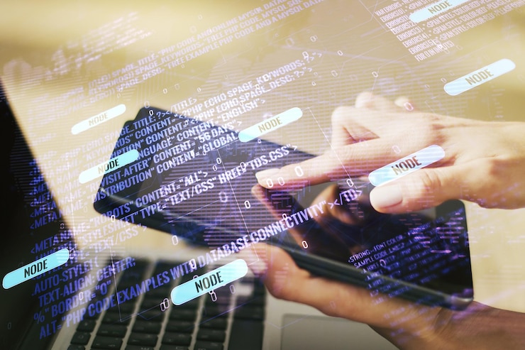 Foto exposición múltiple de un boceto abstracto de codificación creativa con un mapa mundial y presiones con los dedos en una tableta digital en el fondo de la inteligencia artificial y el concepto de redes neuronales