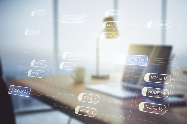 Exposición múltiple de boceto de codificación creativa abstracta en el concepto de inteligencia artificial y redes neuronales de fondo de computadora portátil moderna