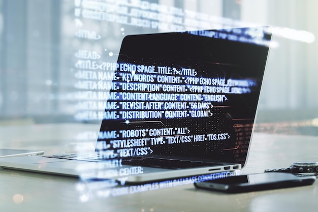 Exposición múltiple de boceto de codificación creativa abstracta en el concepto de inteligencia artificial y redes neuronales de fondo de computadora portátil moderna