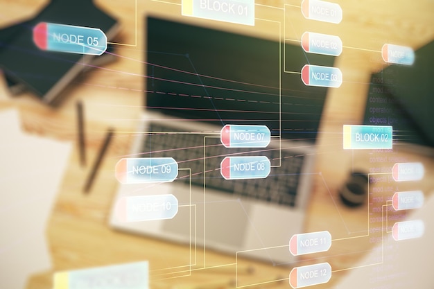 Exposición múltiple de boceto de codificación creativa abstracta en el concepto de inteligencia artificial y redes neuronales de fondo de computadora portátil moderna