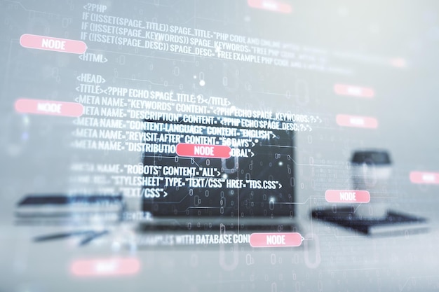 Exposición múltiple de boceto de codificación creativa abstracta en el concepto de inteligencia artificial y redes neuronales de fondo de computadora portátil moderna