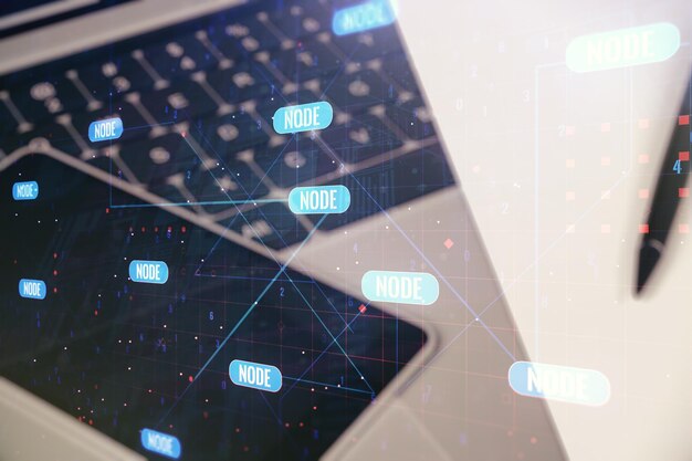 Exposición múltiple de boceto de codificación creativa abstracta en el concepto de inteligencia artificial y redes neuronales de fondo de computadora portátil moderna
