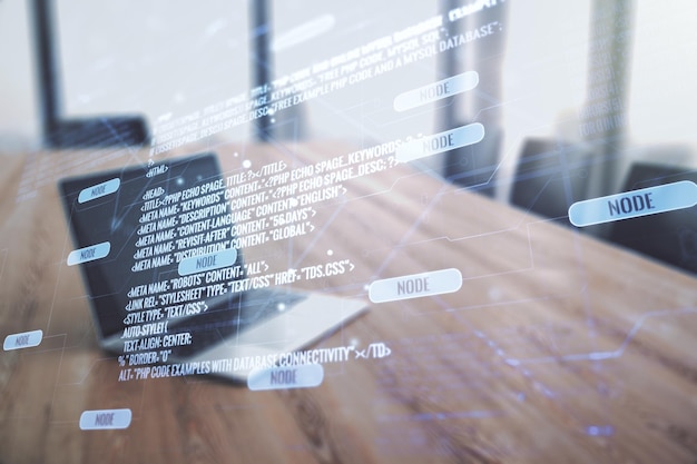Exposición múltiple de boceto de codificación creativa abstracta en el concepto de inteligencia artificial y redes neuronales de fondo de computadora portátil moderna