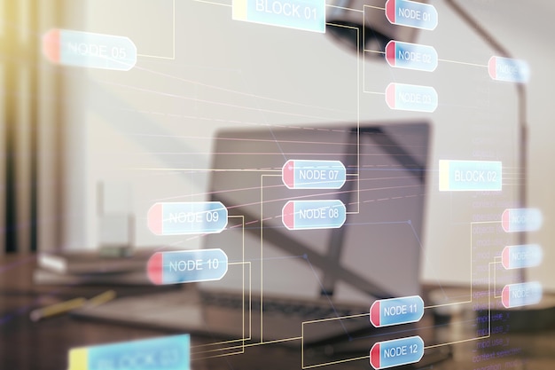 Exposición múltiple de boceto de codificación creativa abstracta en el concepto de inteligencia artificial y redes neuronales de fondo de computadora portátil moderna