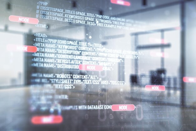 Exposición múltiple de boceto de codificación creativa abstracta en un fondo de oficina amueblado moderno inteligencia artificial y concepto de redes neuronales