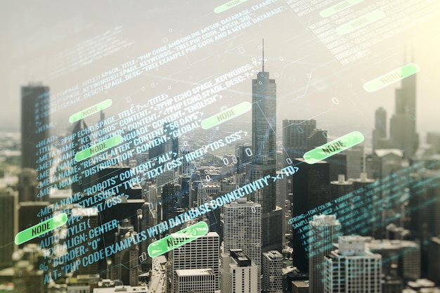 Exposición múltiple de boceto de codificación creativa abstracta sobre el fondo del horizonte de la ciudad de Chicago, inteligencia artificial y concepto de redes neuronales