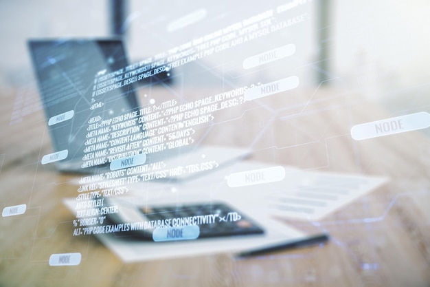 Exposición múltiple de boceto de codificación gráfica abstracta en calculadora borrosa y concepto de redes y big data de fondo de computadora