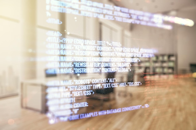 Exposición múltiple de un boceto de codificación gráfica abstracta en un concepto de redes y big data de fondo de aula amueblado moderno