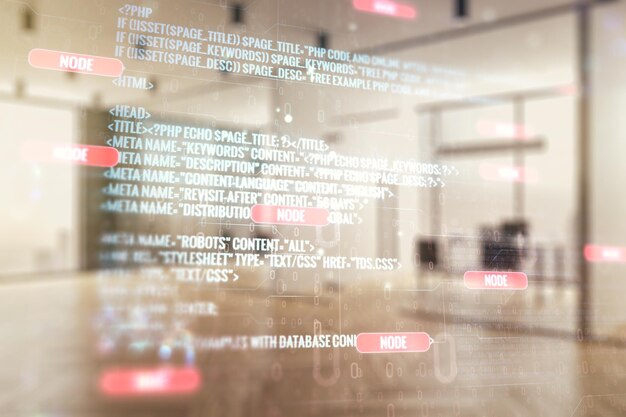 Exposición múltiple de un boceto de codificación gráfica abstracta en un concepto de redes y big data de fondo de aula amueblado moderno