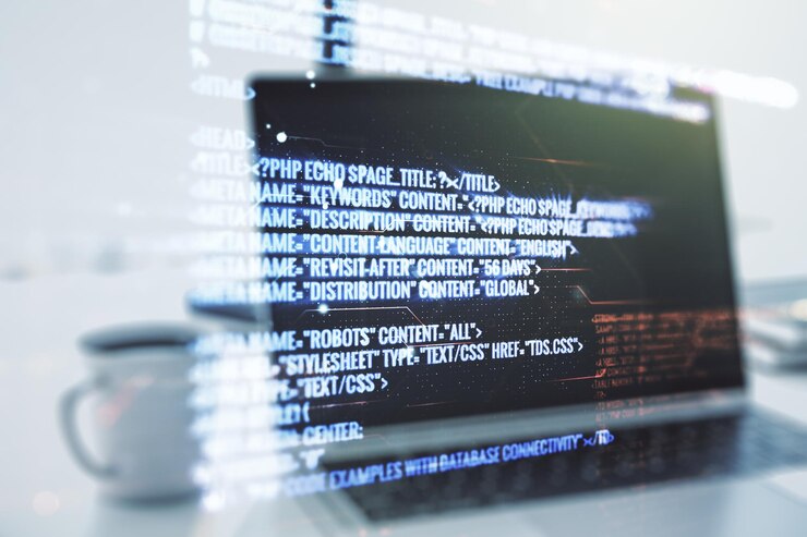 Foto exposición múltiple del boceto de codificación gráfica abstracta en el fondo de la computadora moderna big data y el concepto de red