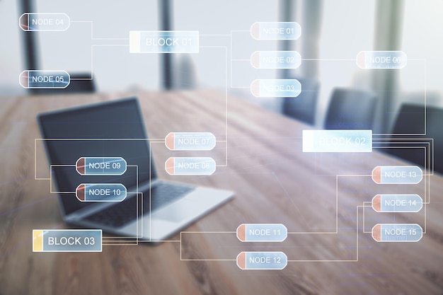 Exposición múltiple del boceto de codificación gráfica abstracta en el fondo de la computadora moderna big data y el concepto de red