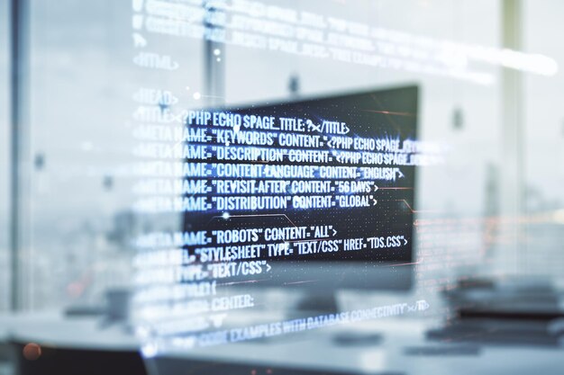 Exposición múltiple del boceto de codificación gráfica abstracta en el fondo de la computadora moderna big data y el concepto de red