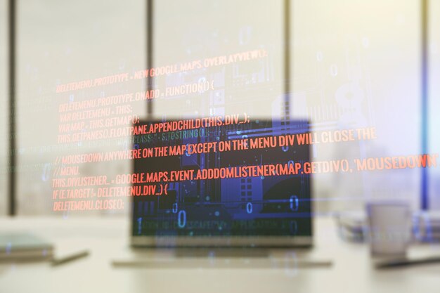Exposición múltiple de boceto de codificación gráfica abstracta en el fondo de la computadora moderna de grandes datos y concepto de red
