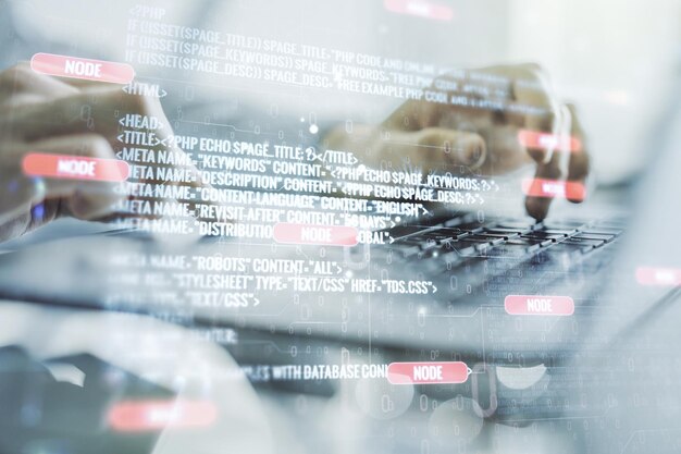 Exposición múltiple de un boceto de codificación gráfica abstracta con las manos escribiendo en el teclado de la computadora en el fondo de big data y el concepto de redes