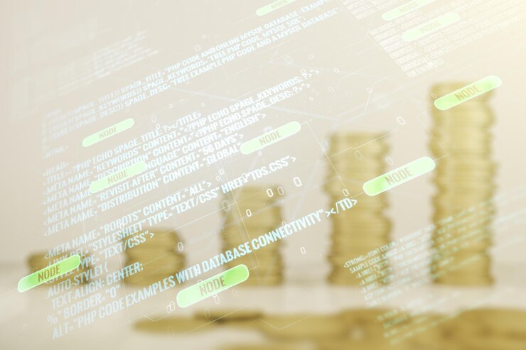 Foto exposición múltiple de boceto de codificación gráfica abstracta sobre fondo de monedas big data y concepto de red
