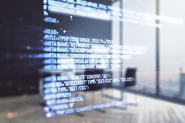 Exposición múltiple de bocetos de codificación creativa abstracta y escritorio moderno con computadora en el fondo de inteligencia artificial y concepto de redes neuronales