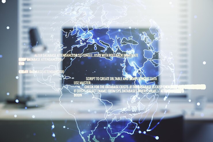 Foto exposición múltiple de bosquejo de codificación creativa abstracta con mapa mundial sobre el concepto de inteligencia artificial y redes neuronales de fondo de computadora portátil moderna