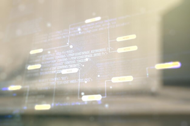 Exposición múltiple de bosquejo de codificación gráfica abstracta en el fondo borroso del edificio de oficinas contemporáneo big data y concepto de red