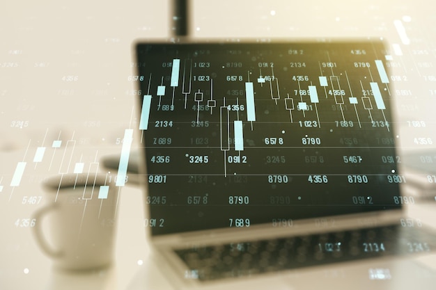 Exposición múltiple de bosquejo de hoja de cálculo de datos gráficos abstractos en concepto de análisis y análisis de fondo de computadora moderna