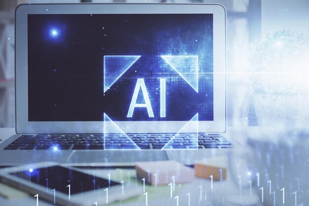 Exposición múltiple de computadora de escritorio y holograma temático de tecnología Concepto de desarrollo de software