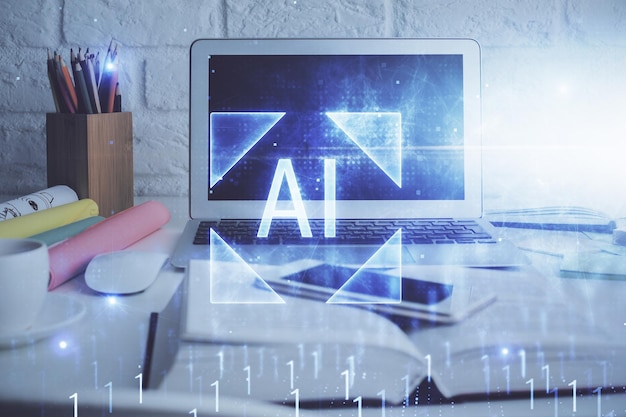Exposición múltiple de computadora de escritorio y holograma temático de tecnología Concepto de desarrollo de software