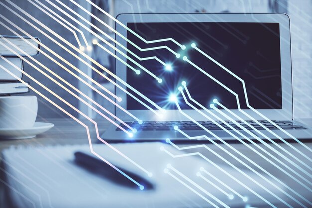 Exposición múltiple de la computadora en el fondo y dibujo temático de tecnología Concepto de innovación