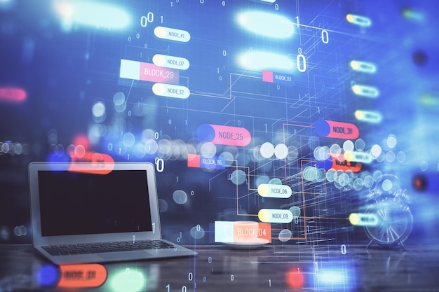 Exposición múltiple de la computadora en el fondo y dibujo temático de tecnología Concepto de innovación