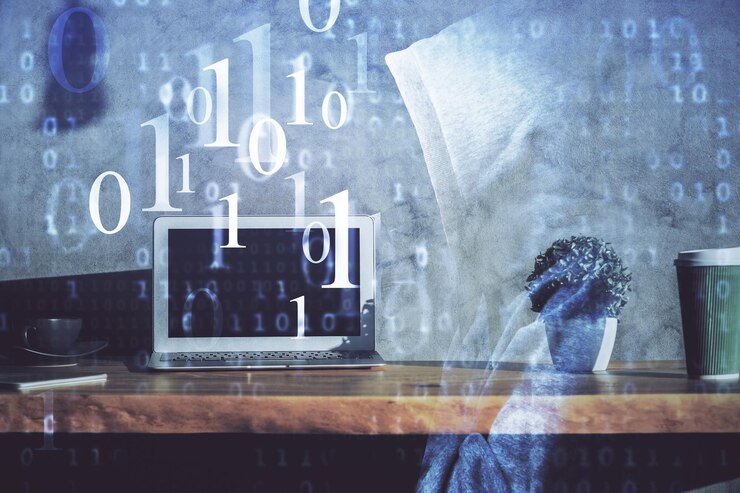 Foto exposición múltiple de la computadora en el fondo y dibujo temático de tecnología concepto de innovación