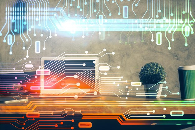 Exposición múltiple de la computadora en el fondo y dibujo temático de tecnología Concepto de innovación