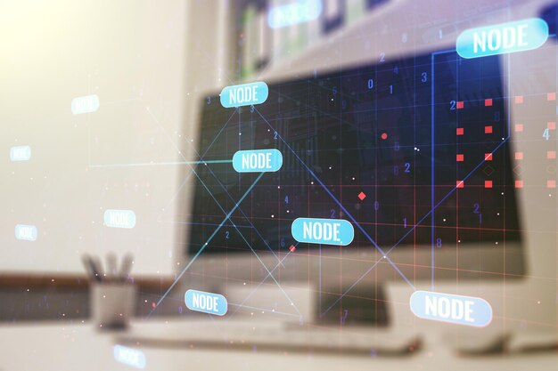Exposición múltiple de croquis de codificación gráfica abstracta y escritorio moderno con pc en concepto de red y big data de fondo