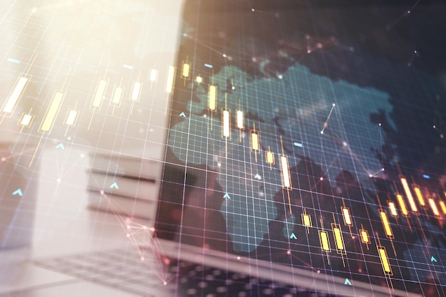 Exposición múltiple del diagrama financiero abstracto con mapa mundial sobre el concepto de banca y contabilidad de fondo de computadora