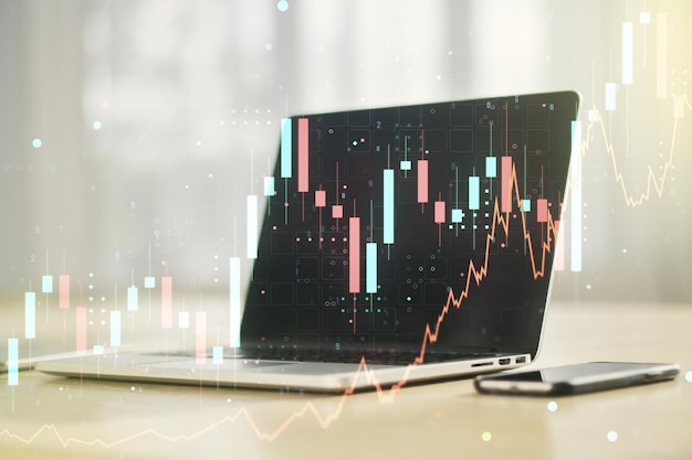 Exposición múltiple del diagrama financiero abstracto sobre el concepto de banca y contabilidad de fondo de computadora