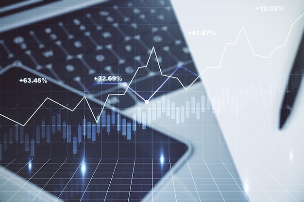 Exposición múltiple del diagrama financiero abstracto sobre el concepto de banca y contabilidad de fondo de computadora