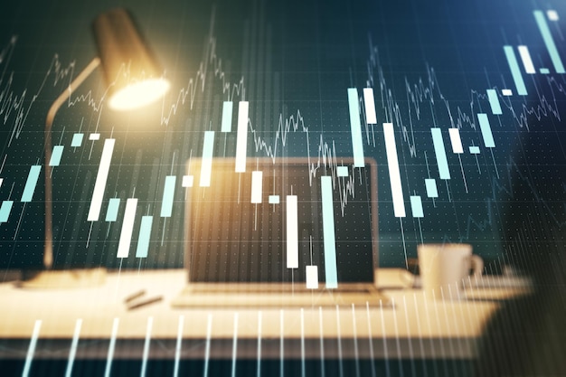 Exposición múltiple del diagrama financiero abstracto sobre el concepto de banca y contabilidad de fondo de computadora