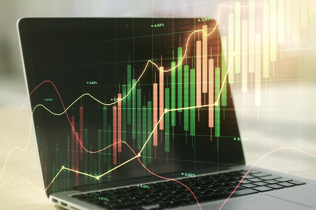 Exposición múltiple de un diagrama financiero abstracto sobre el concepto de banca y contabilidad en el fondo de la computadora