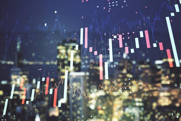 Exposición múltiple del diagrama financiero abstracto virtual en el concepto de banca y contabilidad de fondo de edificios de oficinas borrosas