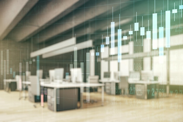 Exposición múltiple del diagrama financiero abstracto virtual en un moderno concepto de banca y contabilidad de fondo interior de oficina amueblado