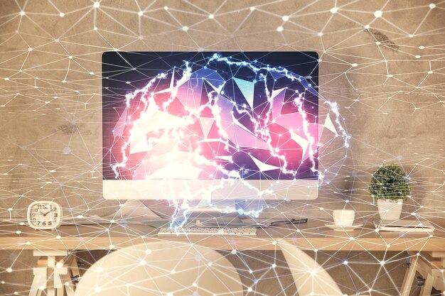 Exposición múltiple del dibujo cerebral y el fondo interior de la oficina Concepto de tecnología de datos