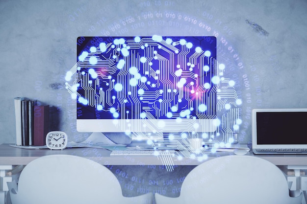 Exposición múltiple del dibujo cerebral y el fondo interior de la oficina Concepto de tecnología de datos